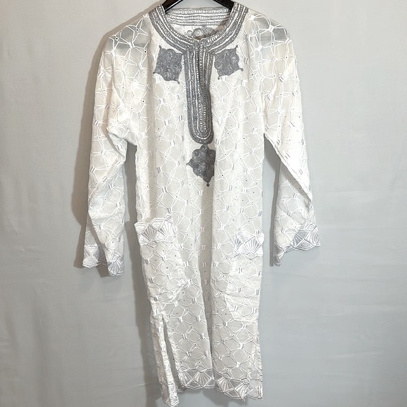 African Mens Clothing Lace Material Embroidered 3 Pcs Agbada Shirt Pants Dashiki - Picture 8 of 16